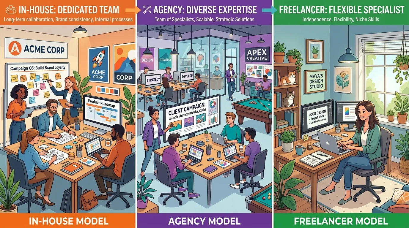 Infographic comparing in-house digital marketing specialist, marketing agency, and freelance marketer by cost, expertise, scalability, and business suitability.