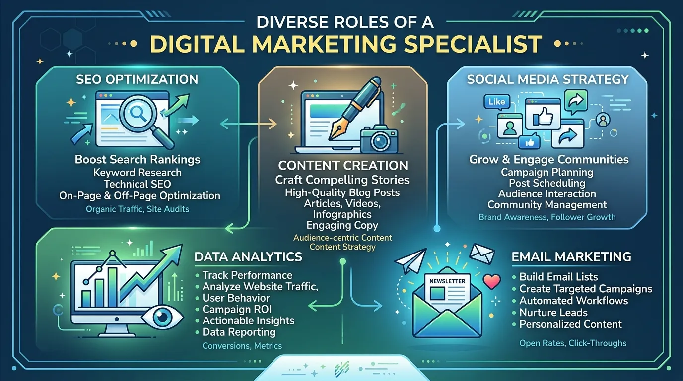 Team of digital marketing specialists collaborating on SEO, social media, content marketing, email campaigns, and online advertising strategies.